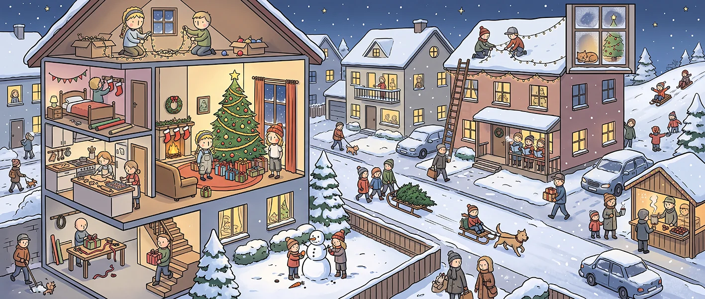 Wimmelbild: Weihnachtsabend